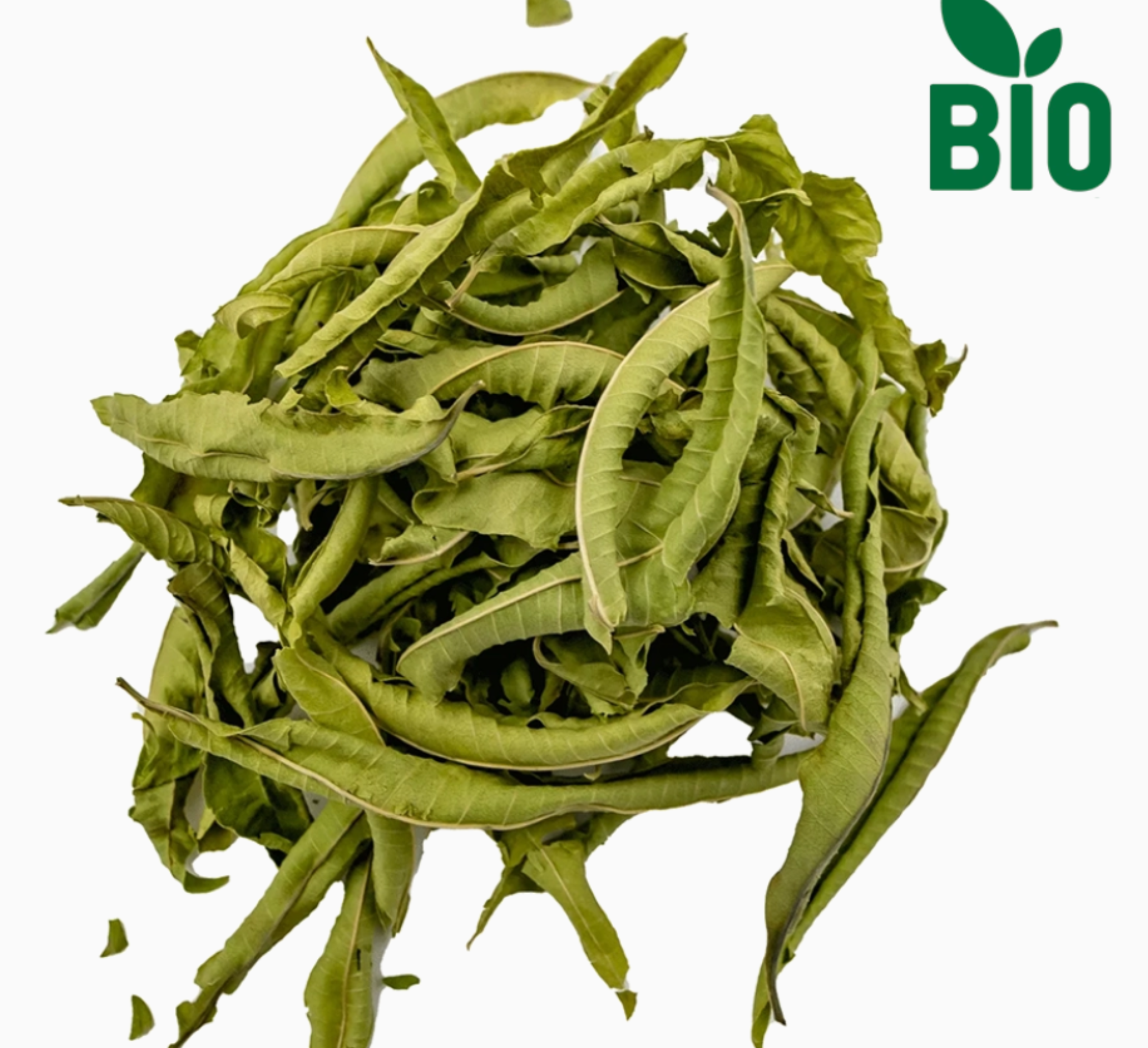 Dried leaves of organic lemon verbena tea.