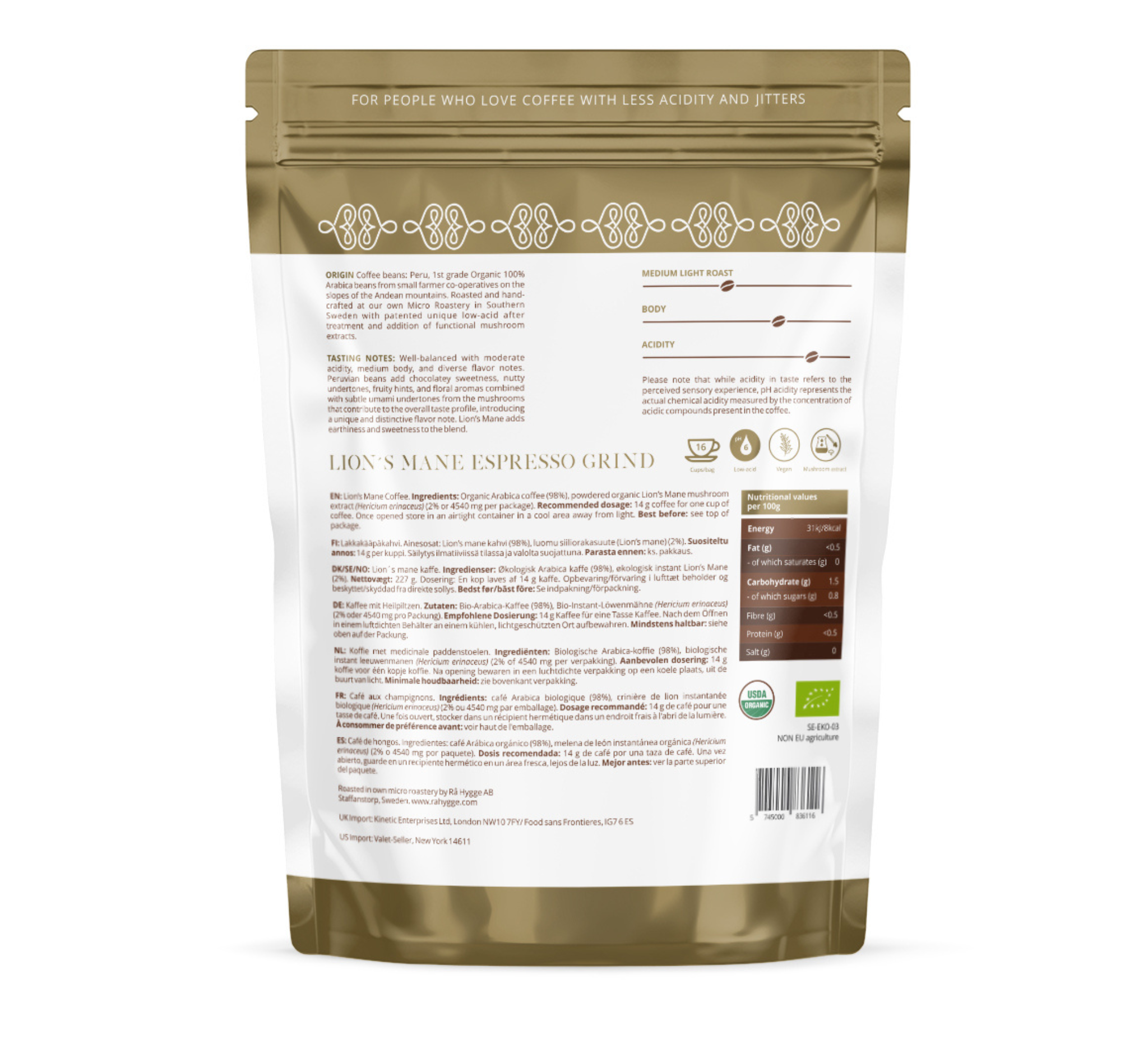 Organic Lion’s Mane mushroom coffee blend for focus and energy available at The Bio Foods. Kaffee mit Löwenmähnenpilz.