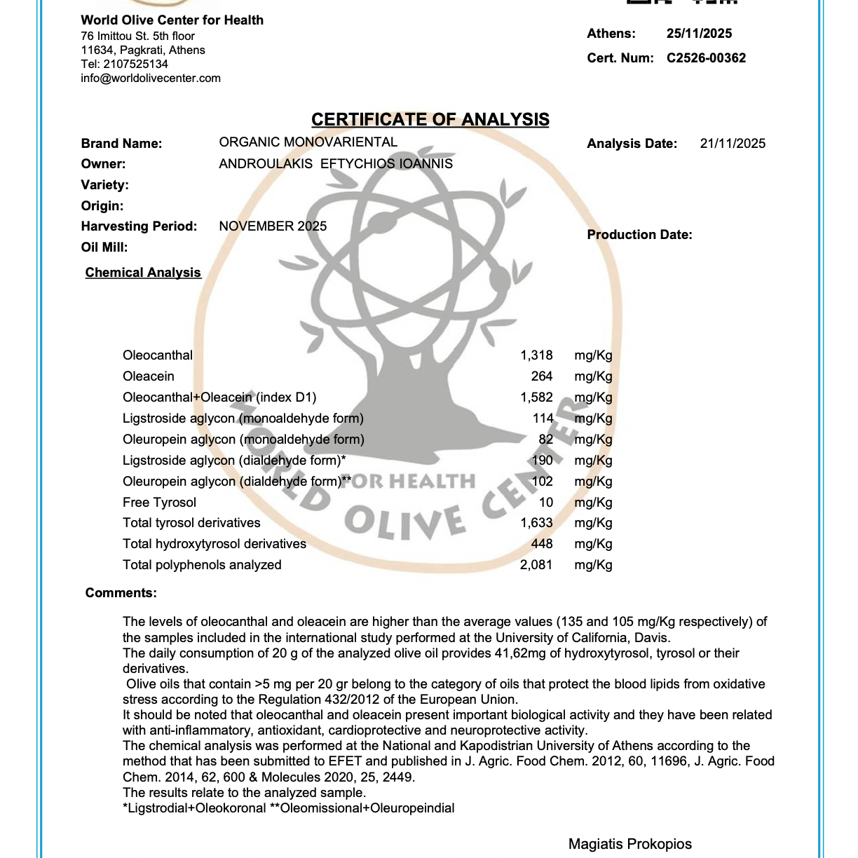 Certificate of Analysis for Pamako Organic EVOO Monovarietal and phenol content of 2081 mg.kg.