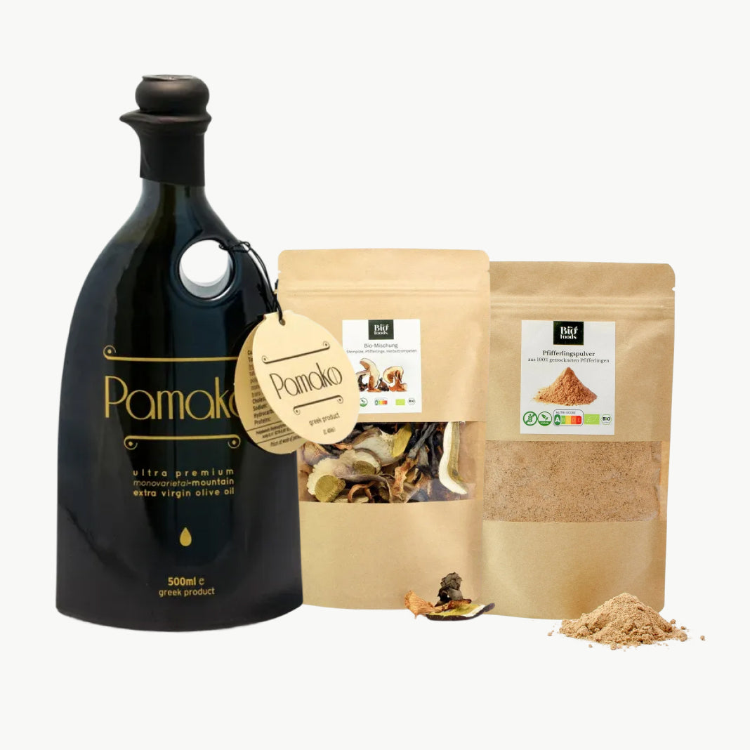 Premium organic olive oil with dried mushrooms and mushroom powder products