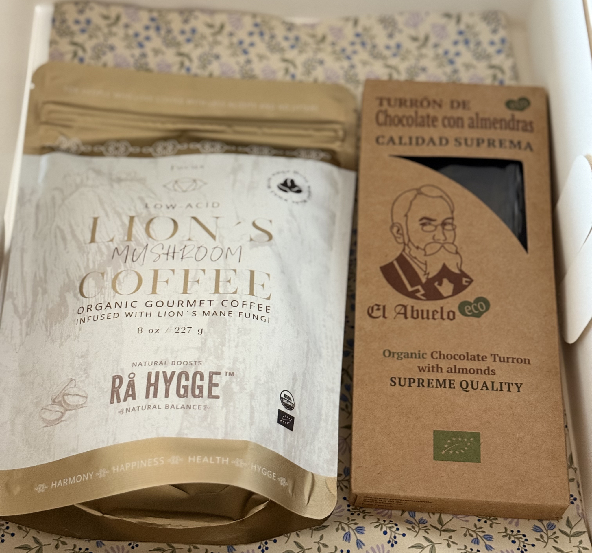 A package of Lion's Mane coffee and El Abuelo organic chocolate turron premium and certified organic gift collection.