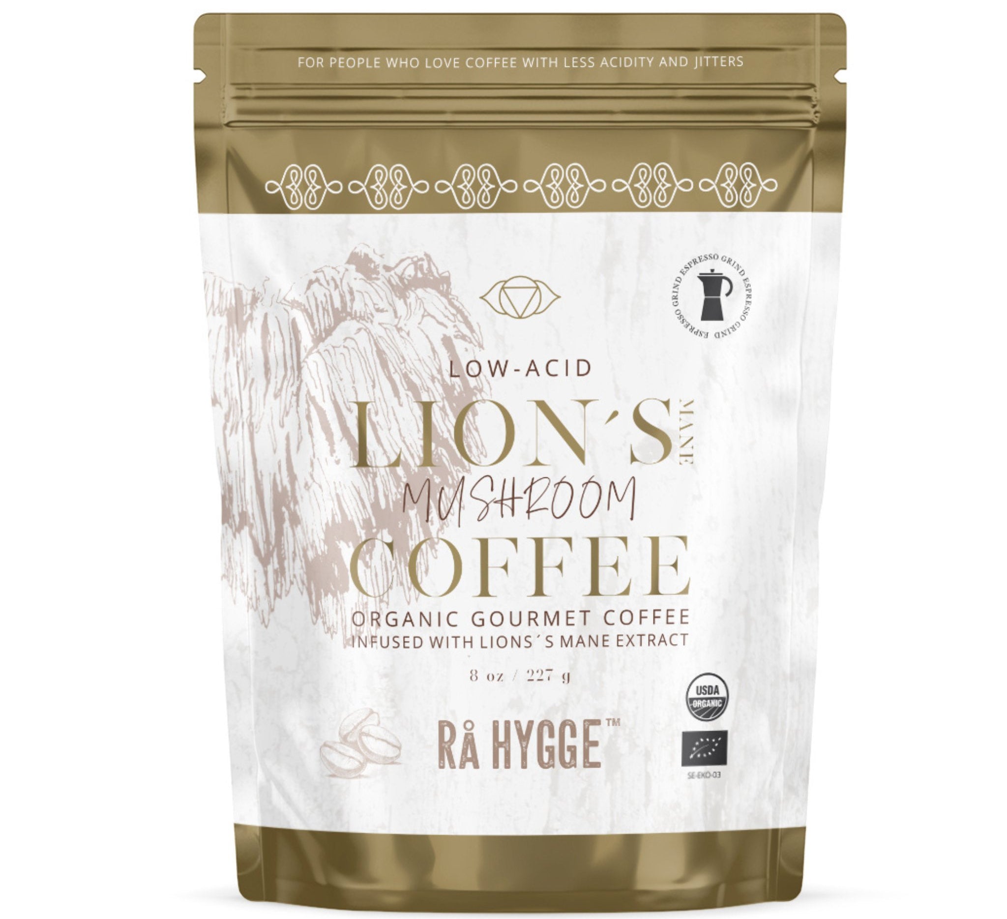 Organic Lion’s Mane mushroom coffee blend for focus and energy available at The Bio Foods.