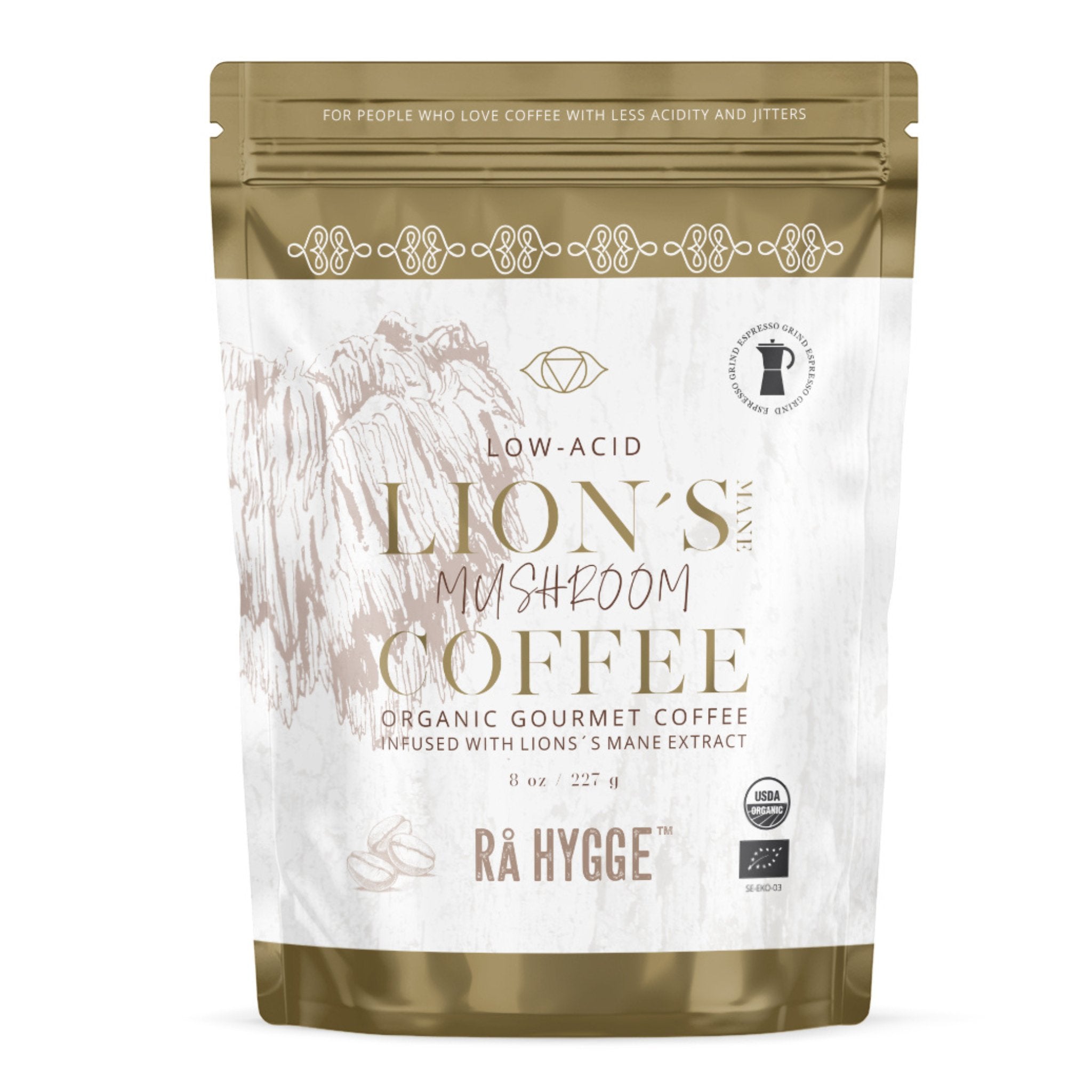 Organic Lion’s Mane mushroom coffee blend for focus and energy available at The Bio Foods.