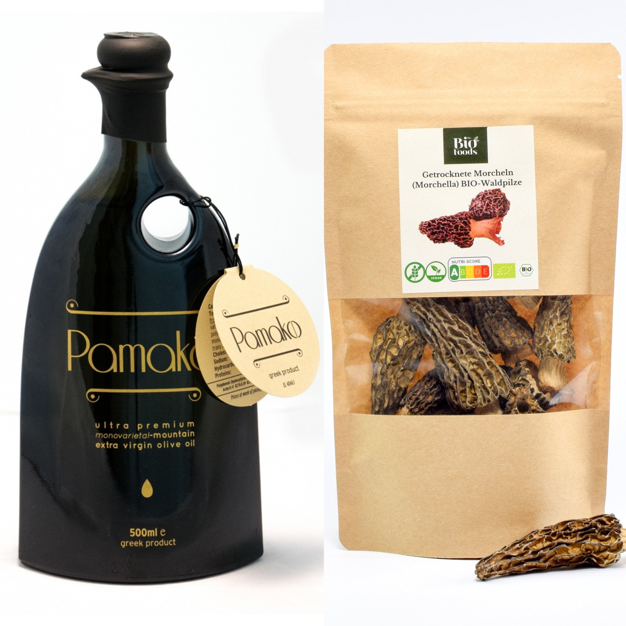 Pamako olive oil bottle with organic dried morel mushrooms. Luxury bundle available at The Bio Foods.