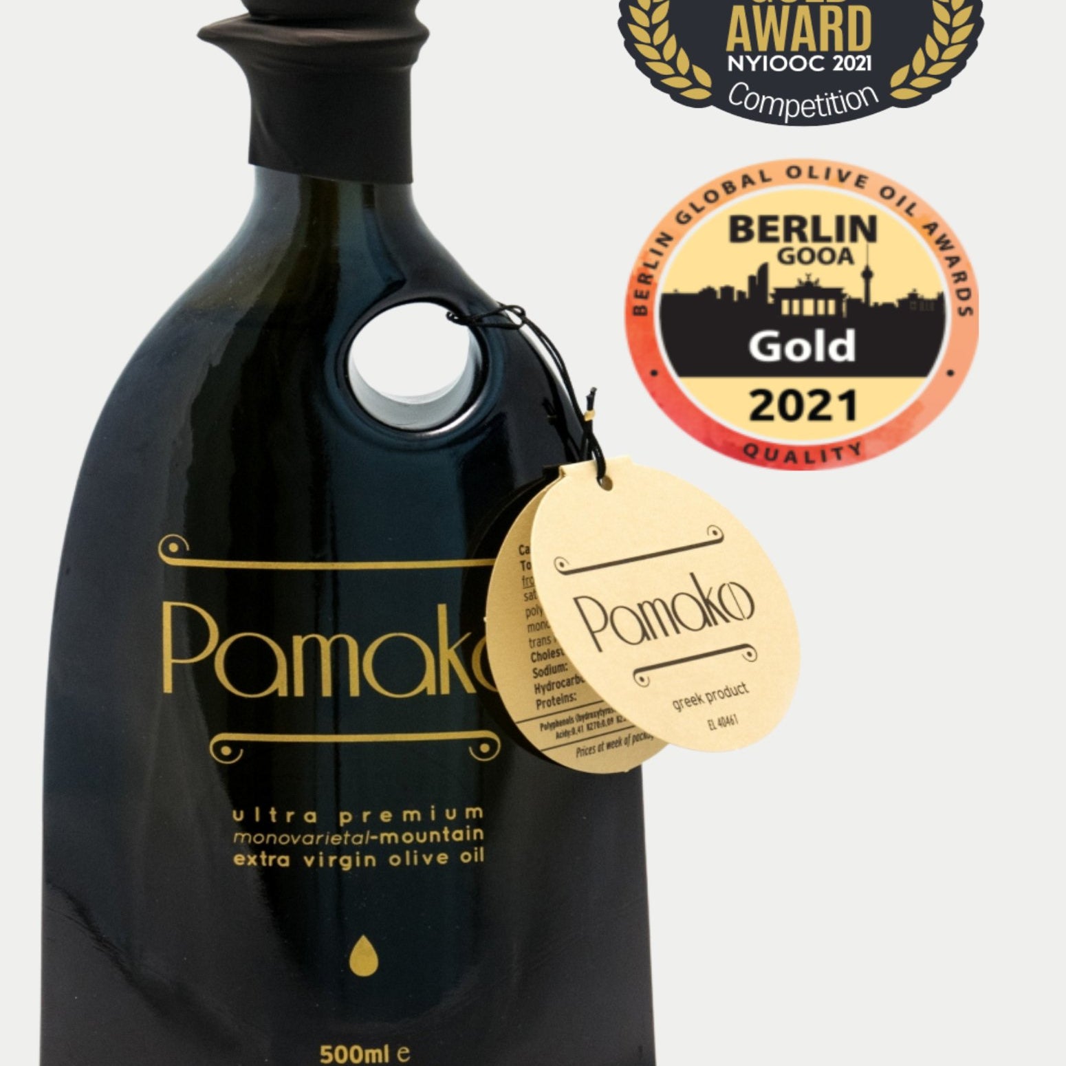 Elegant bottle of Organic EVOO | Murrano black glass and Pamako Monovarietal organic olive oil | Gold awards