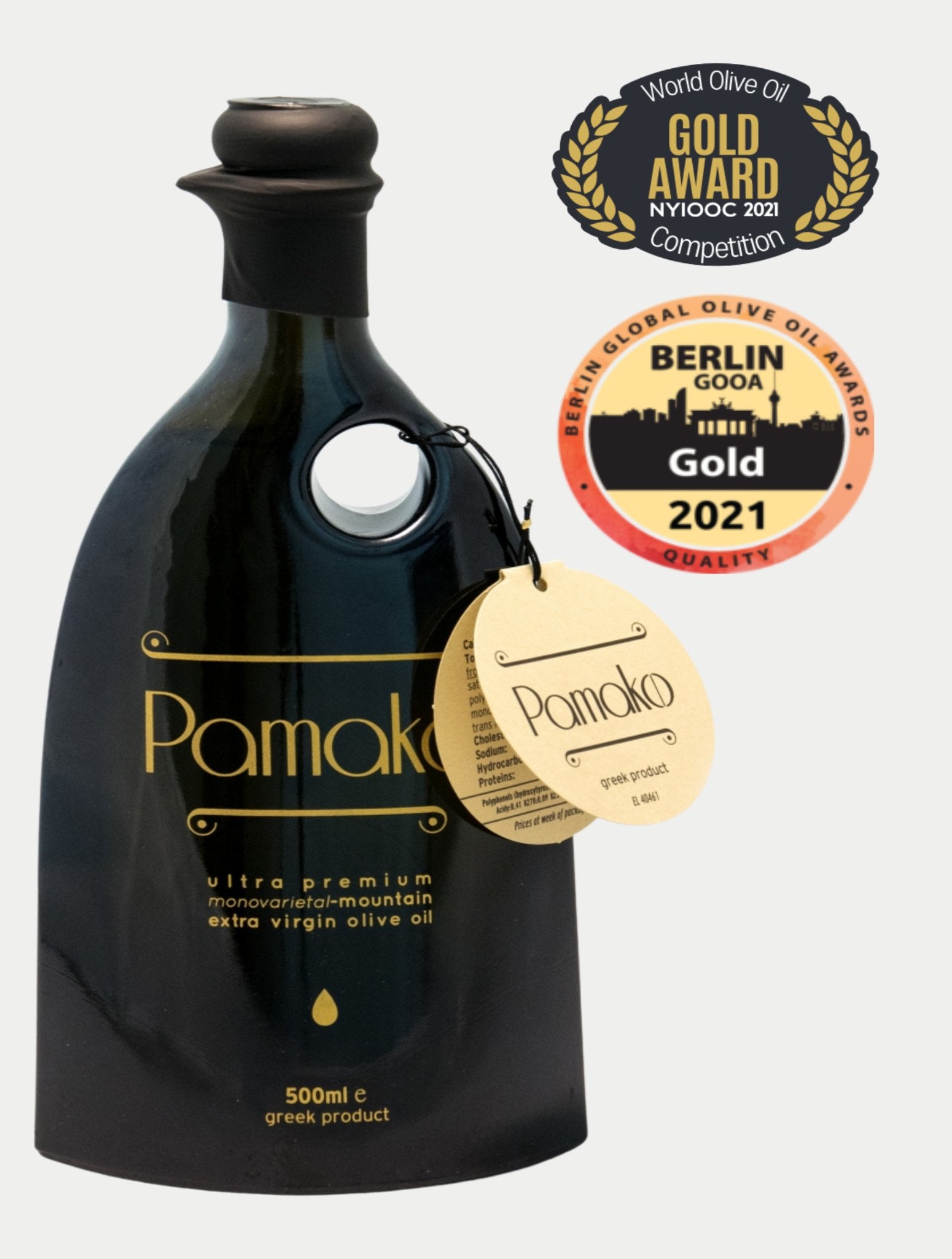 Elegant bottle of Organic EVOO | Murrano black glass and Pamako Monovarietal organic olive oil | Gold awards