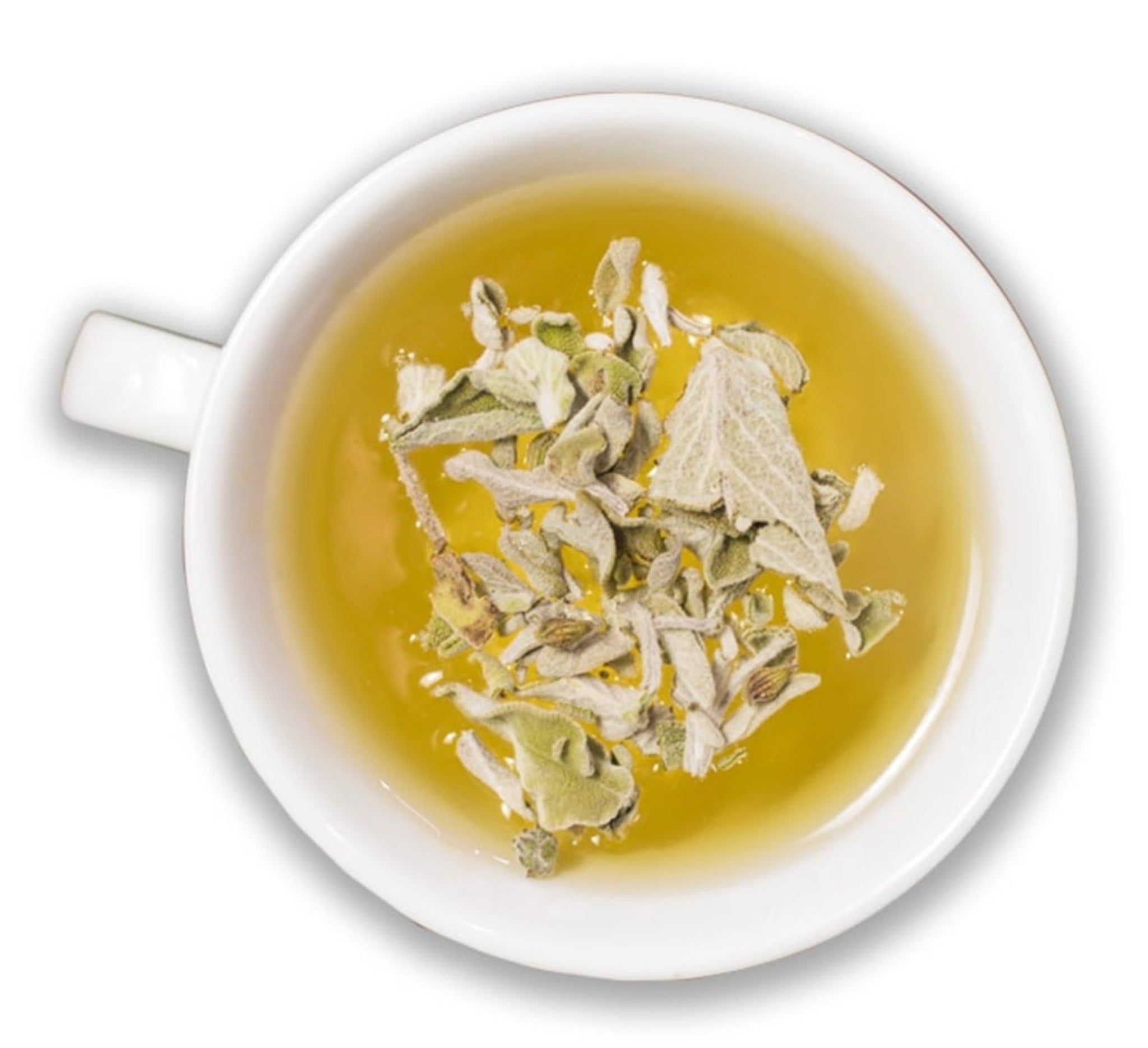 A cup of organic sage tea (with sage leaves).
