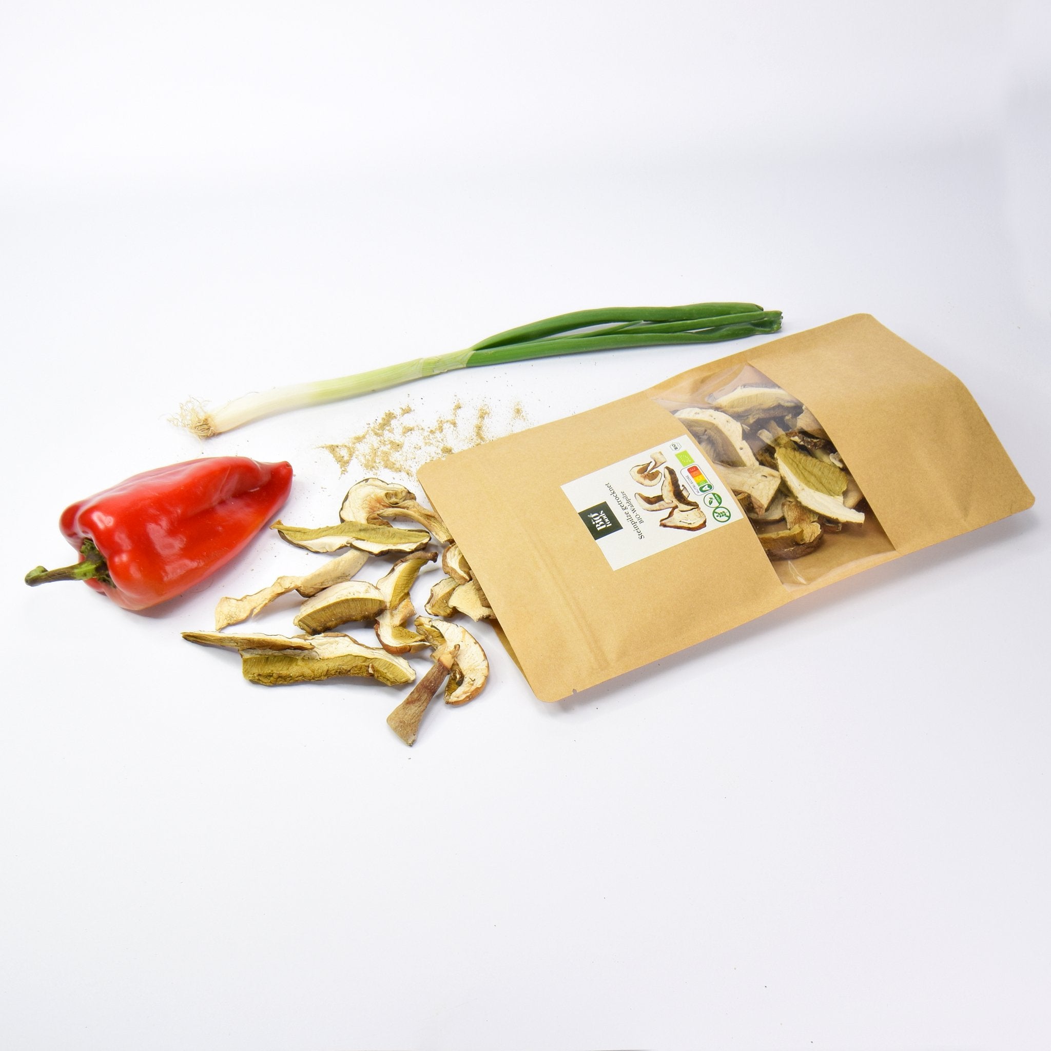 A package of organic dried porcini mushrooms on the table. The Bio Foods.