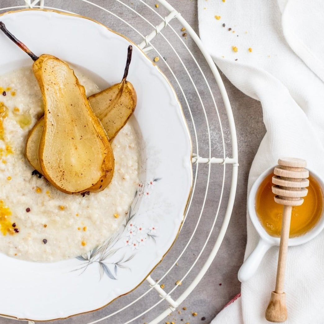 Organic Heather Honey with pears and rice. Healthy and sweet desert.