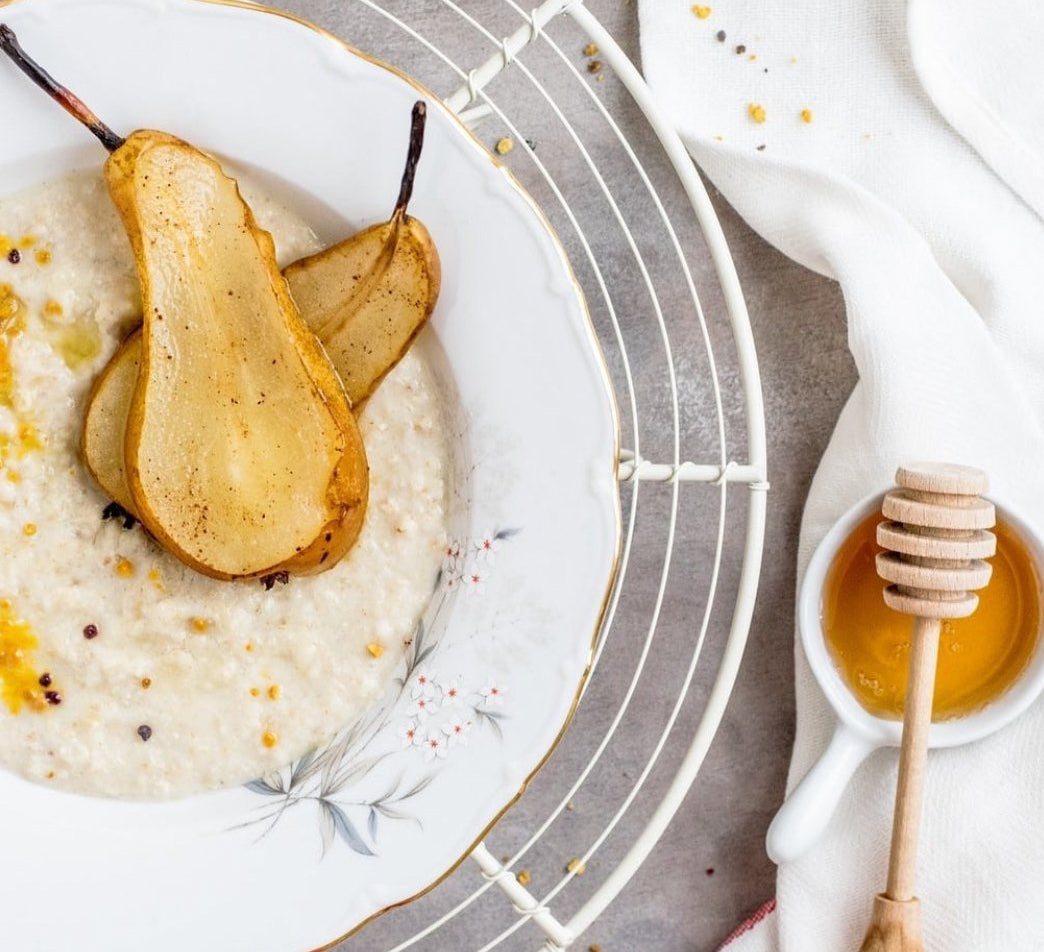 Organic Heather Honey with pears and rice. Healthy and sweet desert.