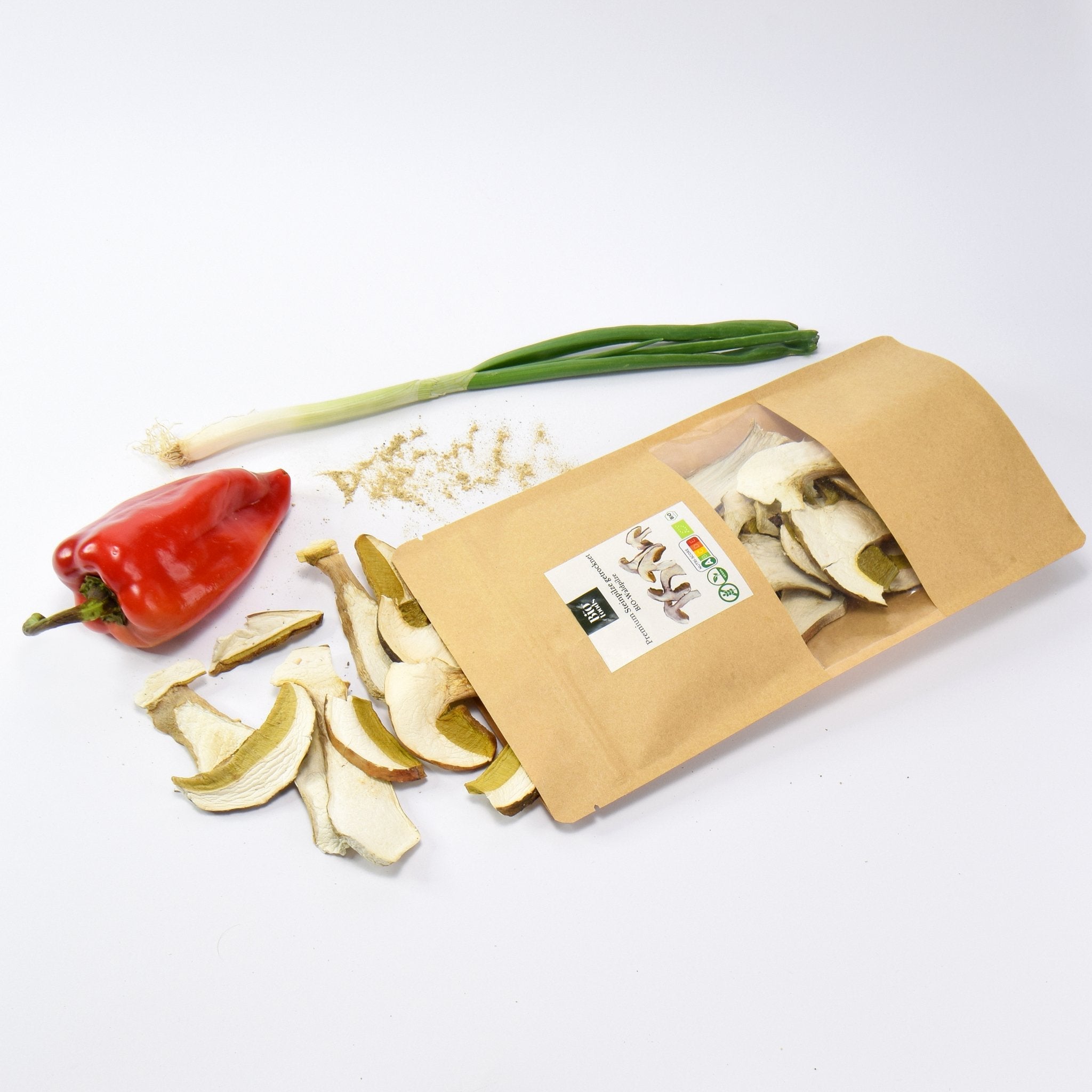 Organic Premium Dried Porcini on the table. Bright and big pieces of mushrooms. Grade AA available at The Bio Foods shop