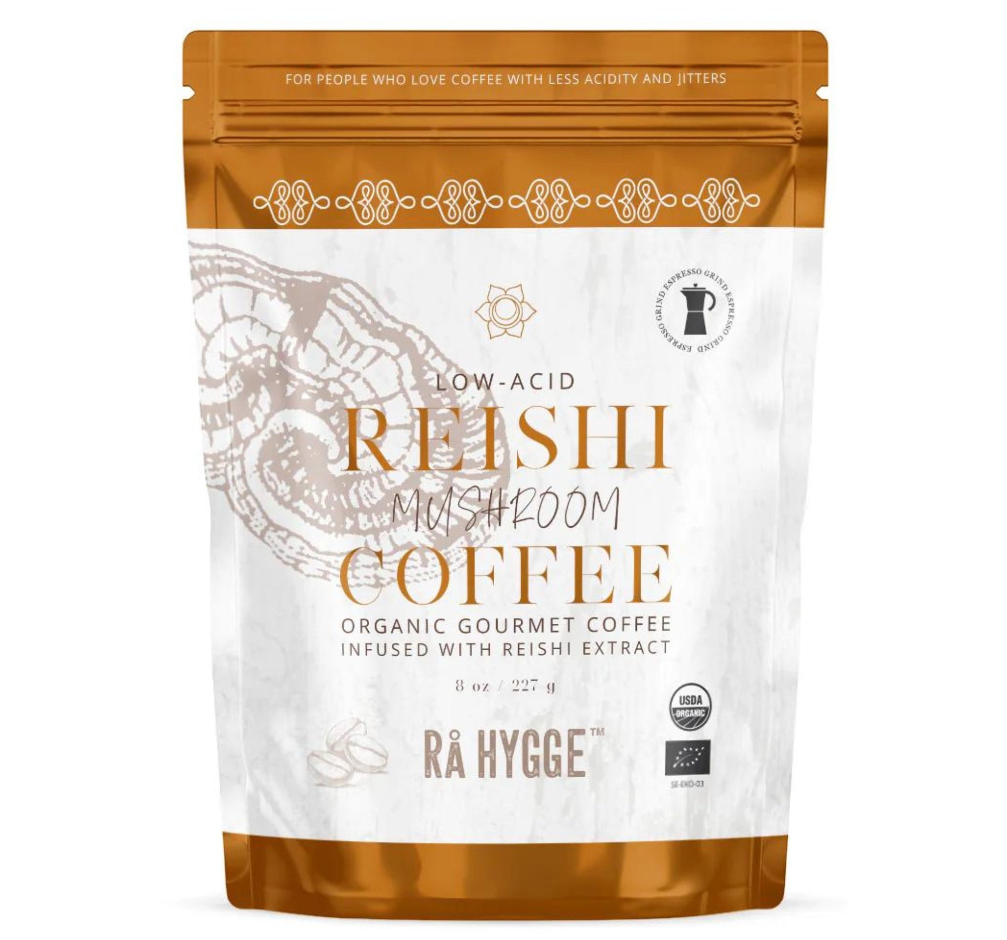 Organic Reishi coffee with earthy aroma. Coffee blend promoting calm energy.