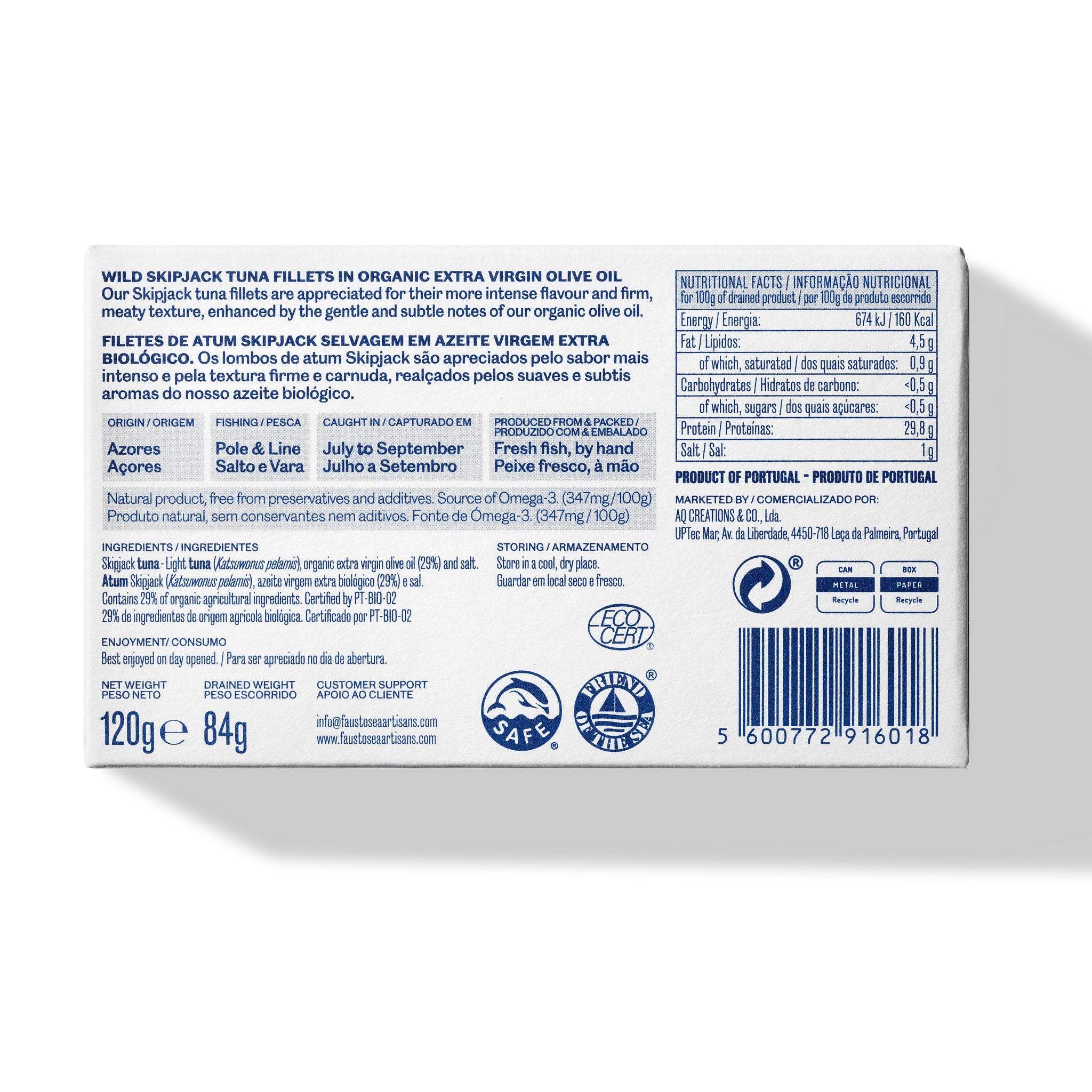 A does of Wild Tuna Fillets in Organic EVOO from Portugal with all characteristics - Friend of the sea, Fishing zone, Organic EVOO