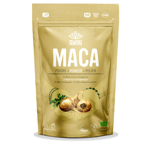Organic Maca Powder by ISWARI – Premium Peruvian superfood rich in iron, calcium, and magnesium, vegan and gluten-free.