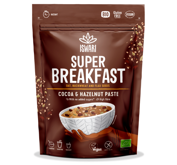 Super Breakfast Cacao & Hazelnut Butter – organic gluten-free oat and nut mix for a creamy porridge.