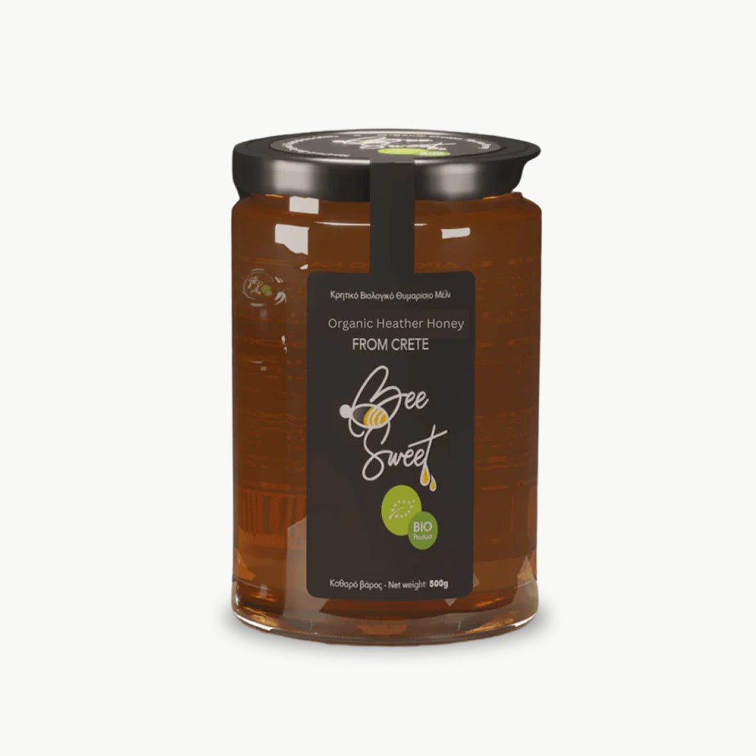 Organic heather honey from Crete Bee Sweet brand in glass jar