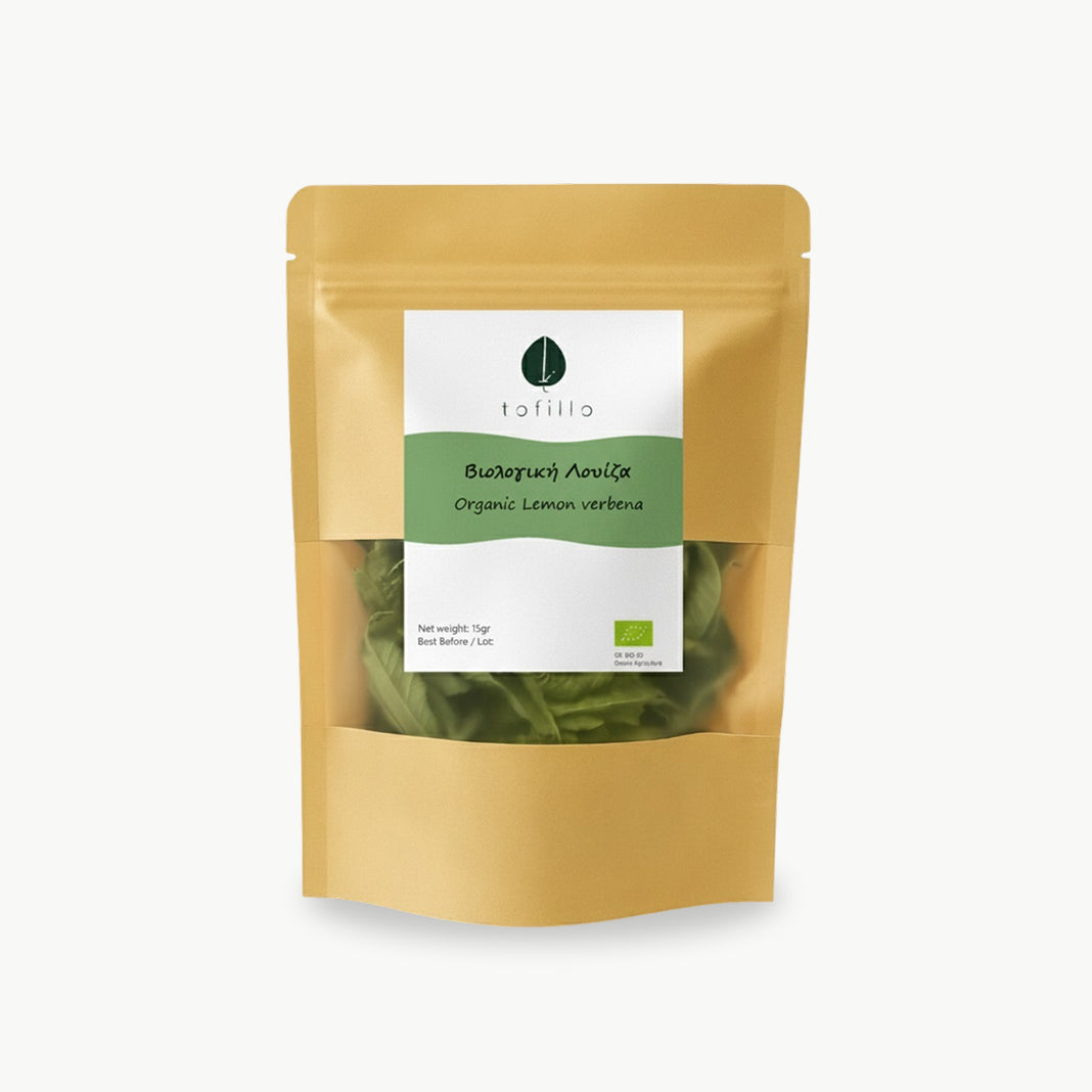 Organic Cretan lemon verbena herbal tea by Tofillo box packaging