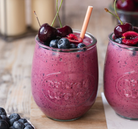 Healthy instant gluten-free smoothy mix – acai, banana, strawberry, buckwheat, and flax seeds. 