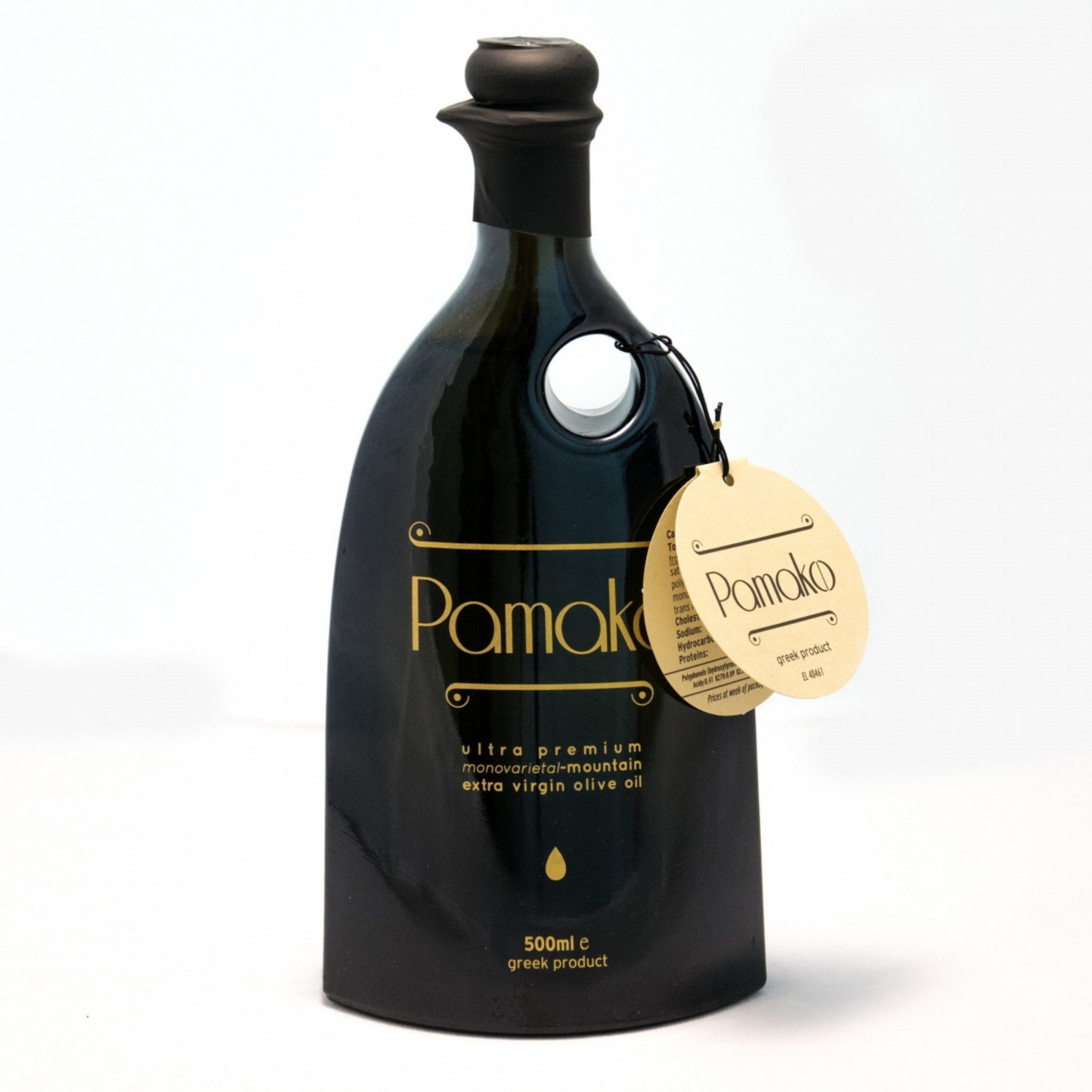Organic EVOO test winner | Black elegant murano bottle of Best Olive Oil | Pamako Monovarietal Olive Oil | The Bio Foods