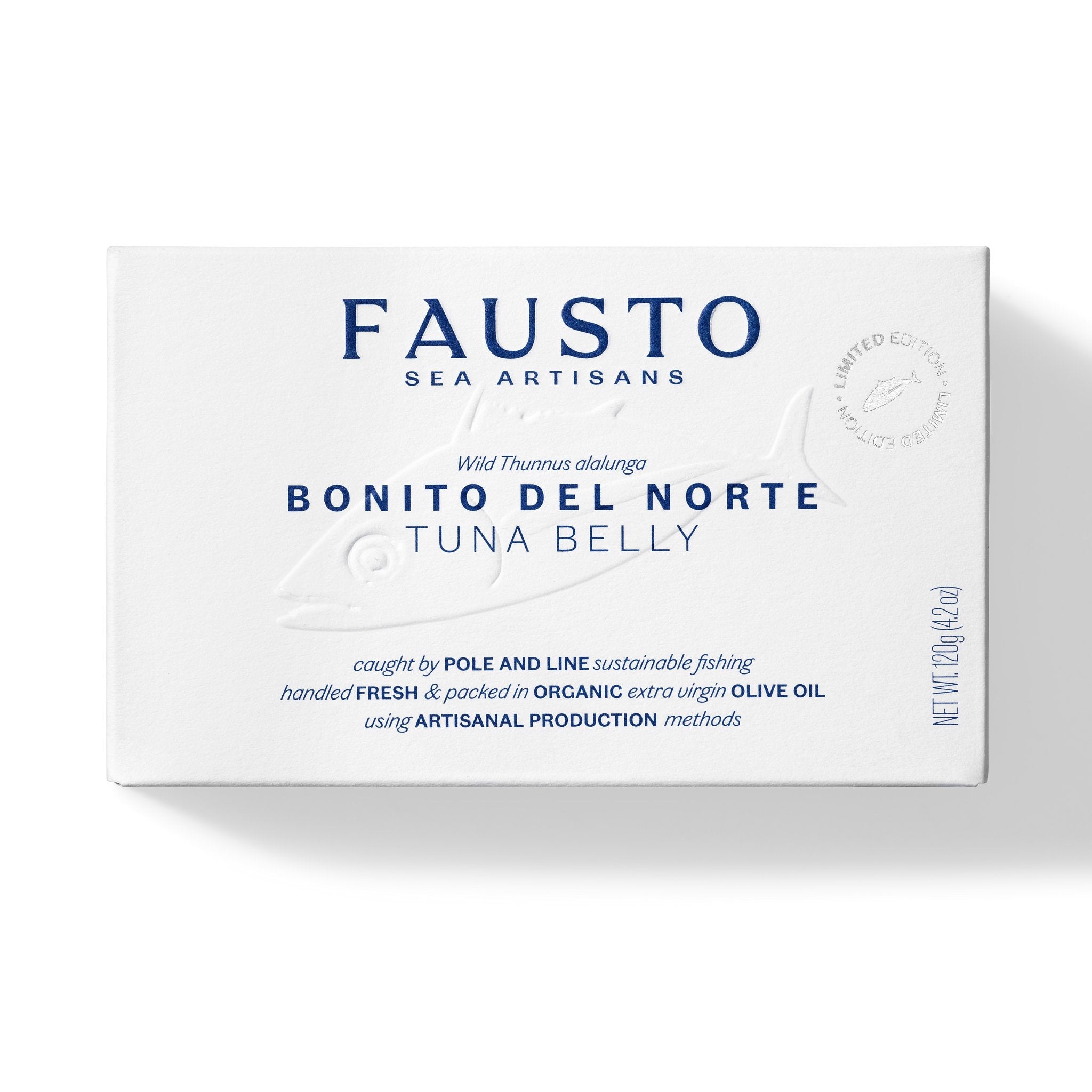 Luxury packed wild Tuna Belly in Organic EVOO in a white paper box with royal blue letters | Bonito del Norte Tuna | The Bio Foods Online 